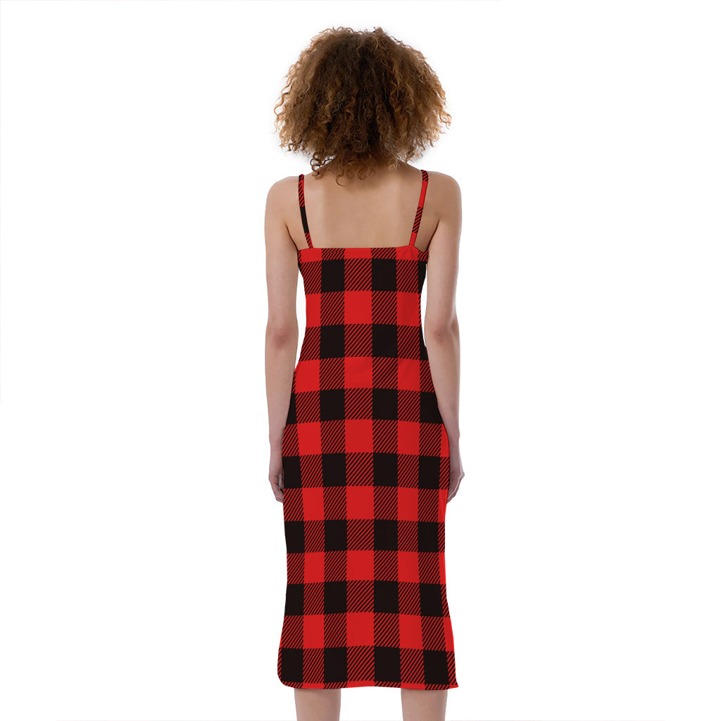 Hot Red Buffalo Plaid Print Slim Fit Midi Cami Dress