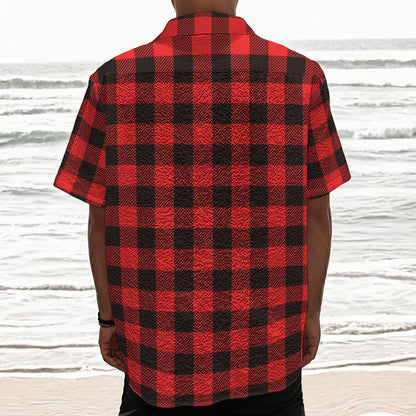 Hot Red Buffalo Plaid Print Textured Short Sleeve Shirt
