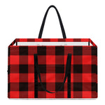 Hot Red Buffalo Plaid Print Utility Tote Bag