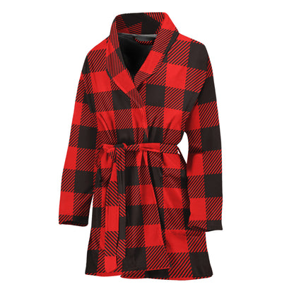 Hot Red Buffalo Plaid Print Women's Bathrobe