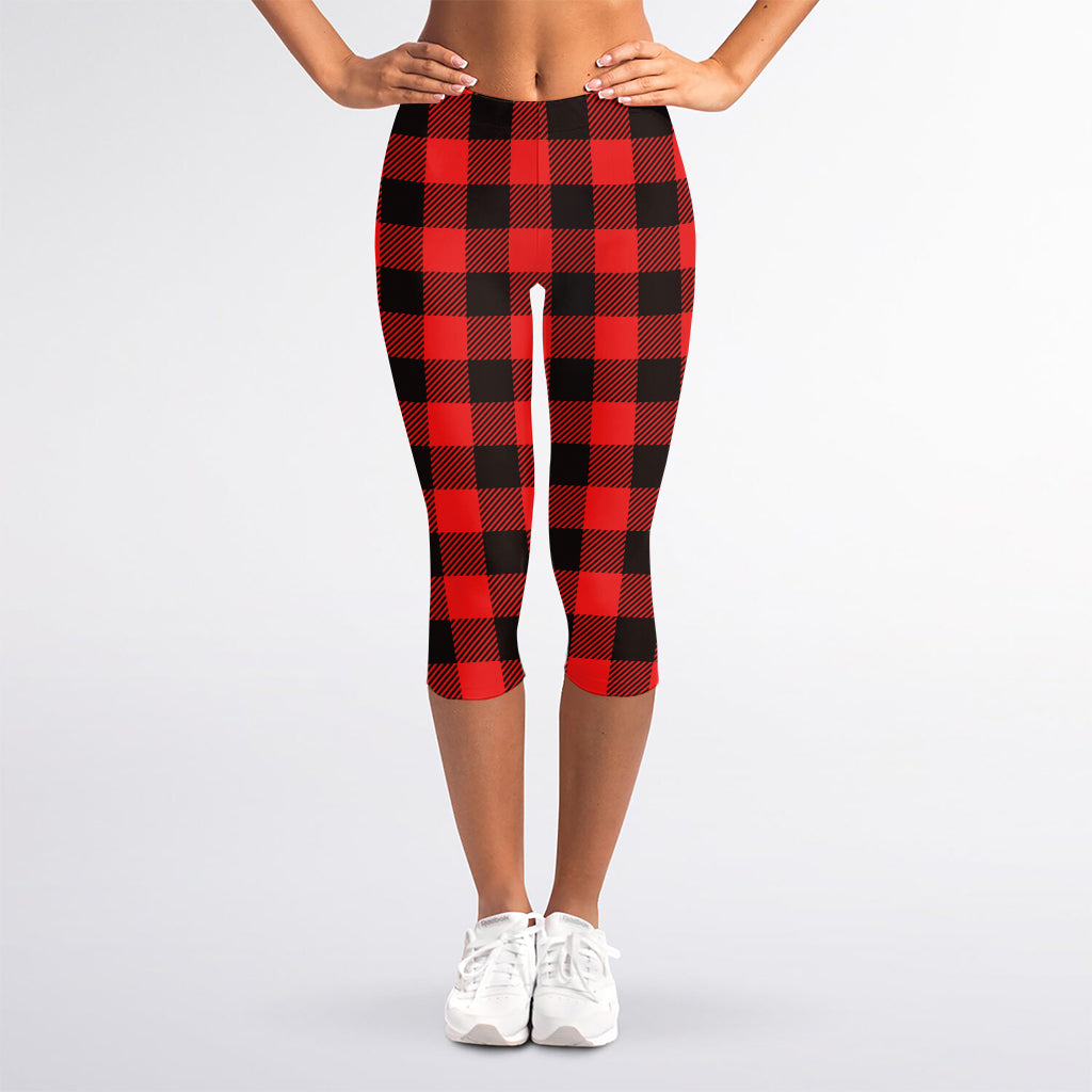 Hot Red Buffalo Plaid Print Women's Capri Leggings