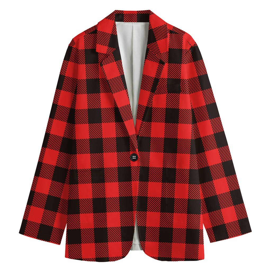 Hot Red Buffalo Plaid Print Women's Cotton Blazer