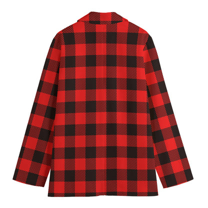 Hot Red Buffalo Plaid Print Women's Cotton Blazer