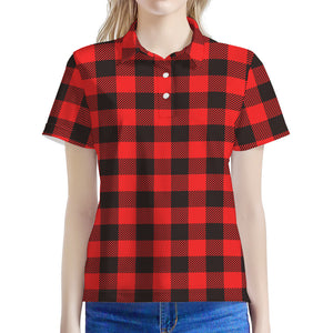 Hot Red Buffalo Plaid Print Women's Polo Shirt