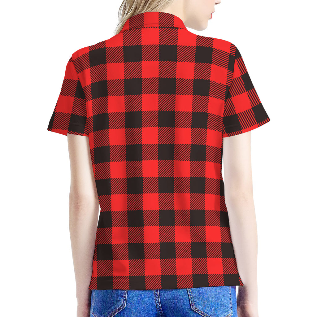 Hot Red Buffalo Plaid Print Women's Polo Shirt