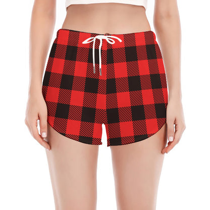 Hot Red Buffalo Plaid Print Women's Split Running Shorts