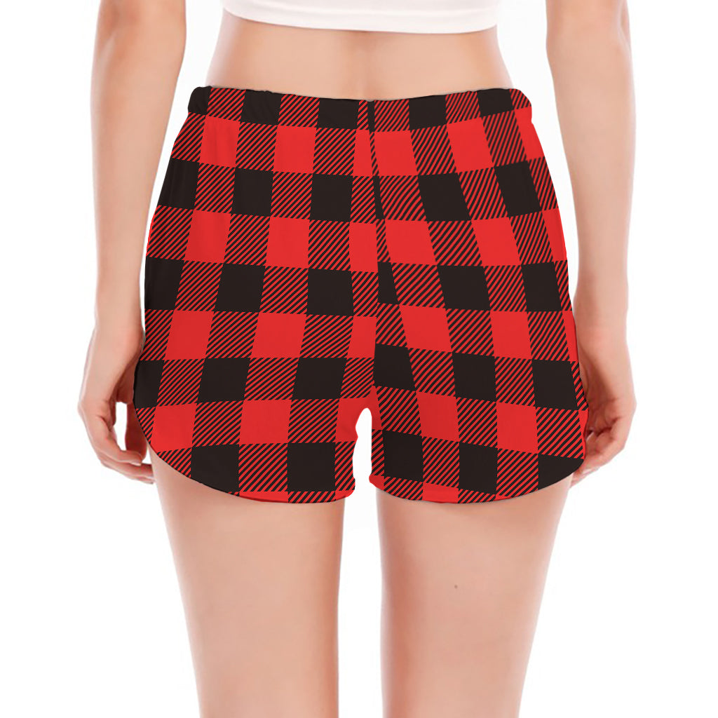 Hot Red Buffalo Plaid Print Women's Split Running Shorts