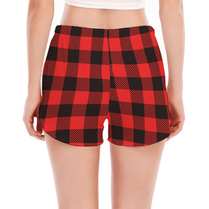 Hot Red Buffalo Plaid Print Women's Split Running Shorts