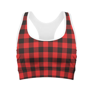 Hot Red Buffalo Plaid Print Women's Sports Bra