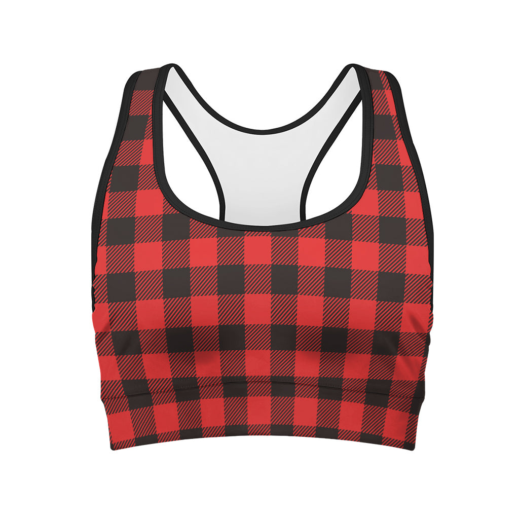 Hot Red Buffalo Plaid Print Women's Sports Bra