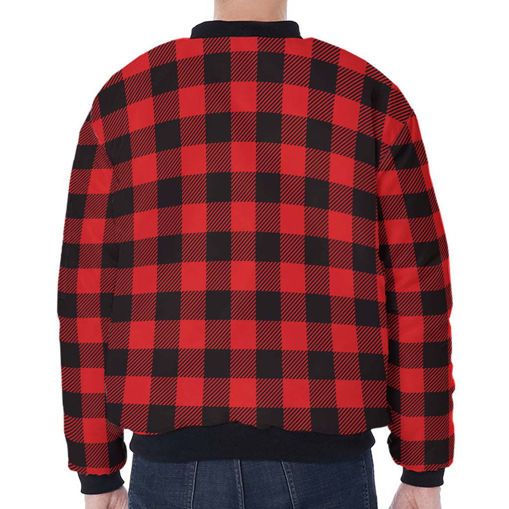 Hot Red Buffalo Plaid Print Zip Sleeve Bomber Jacket