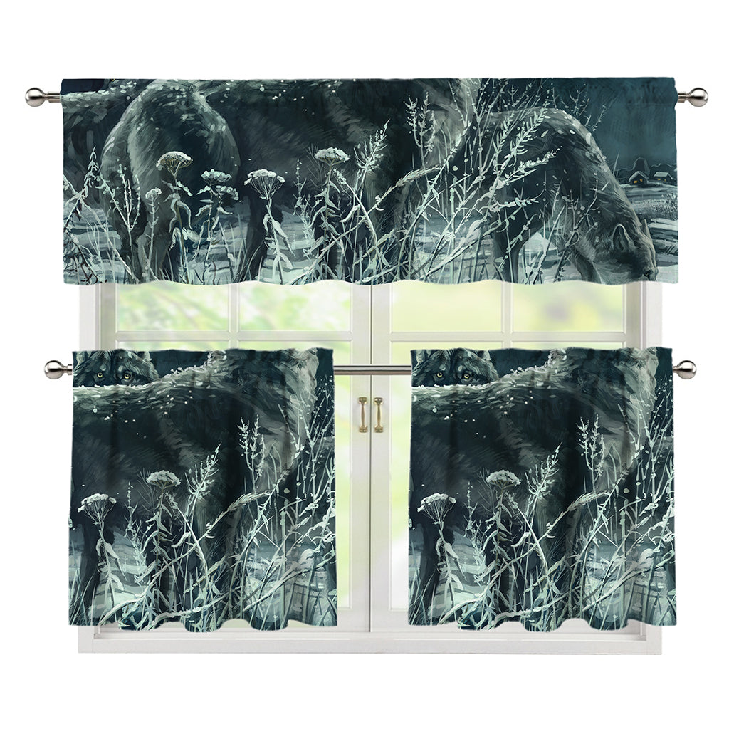 Howling Snowy Wolf Painting Print 3 Piece Kitchen Curtains