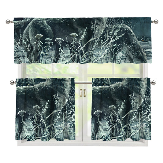 Howling Snowy Wolf Painting Print 3 Piece Kitchen Curtains