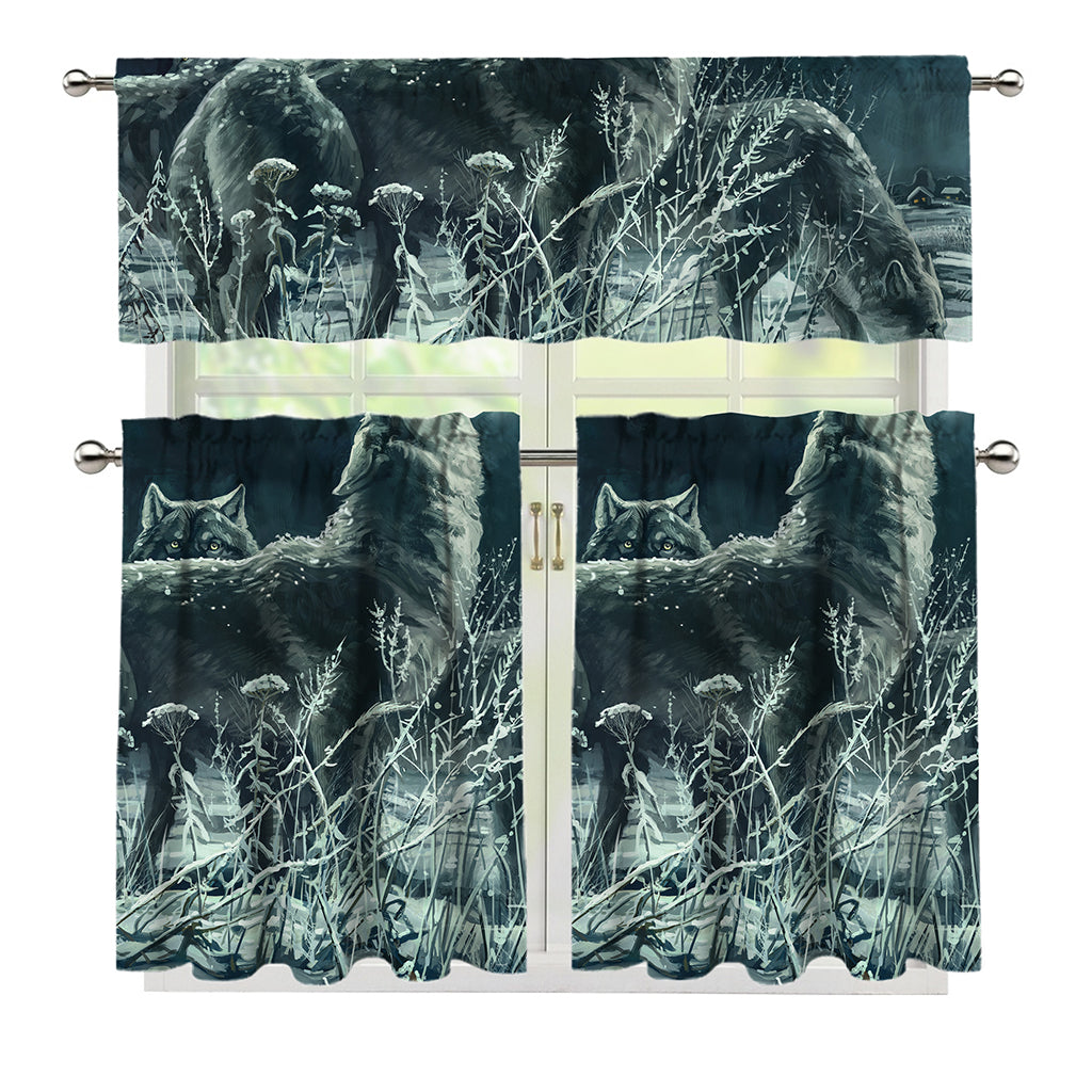 Howling Snowy Wolf Painting Print 3 Piece Kitchen Curtains