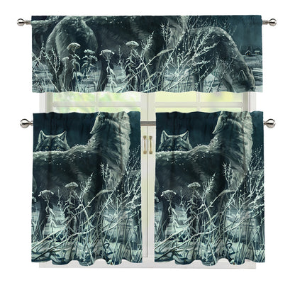 Howling Snowy Wolf Painting Print 3 Piece Kitchen Curtains