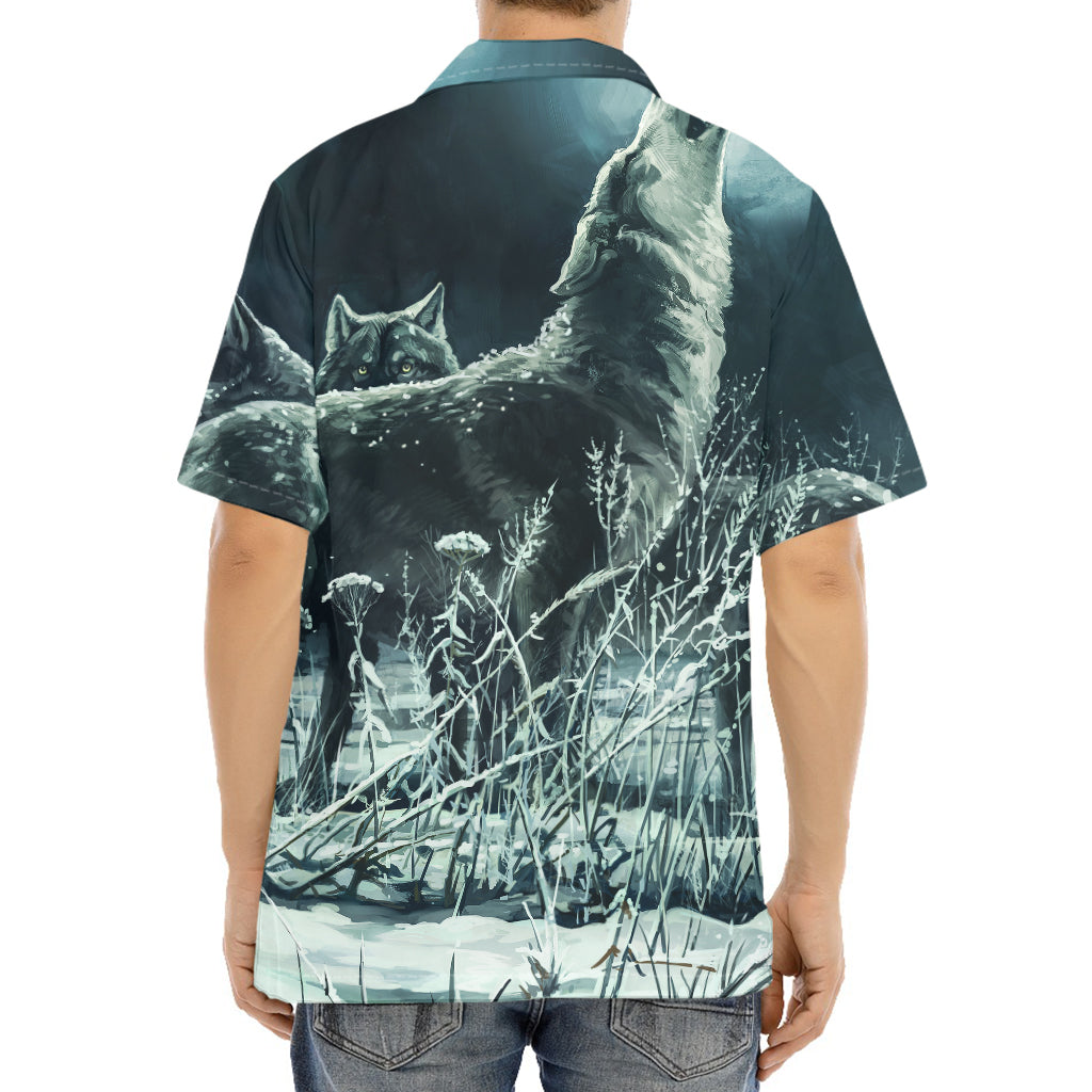 Howling Snowy Wolf Painting Print Aloha Shirt