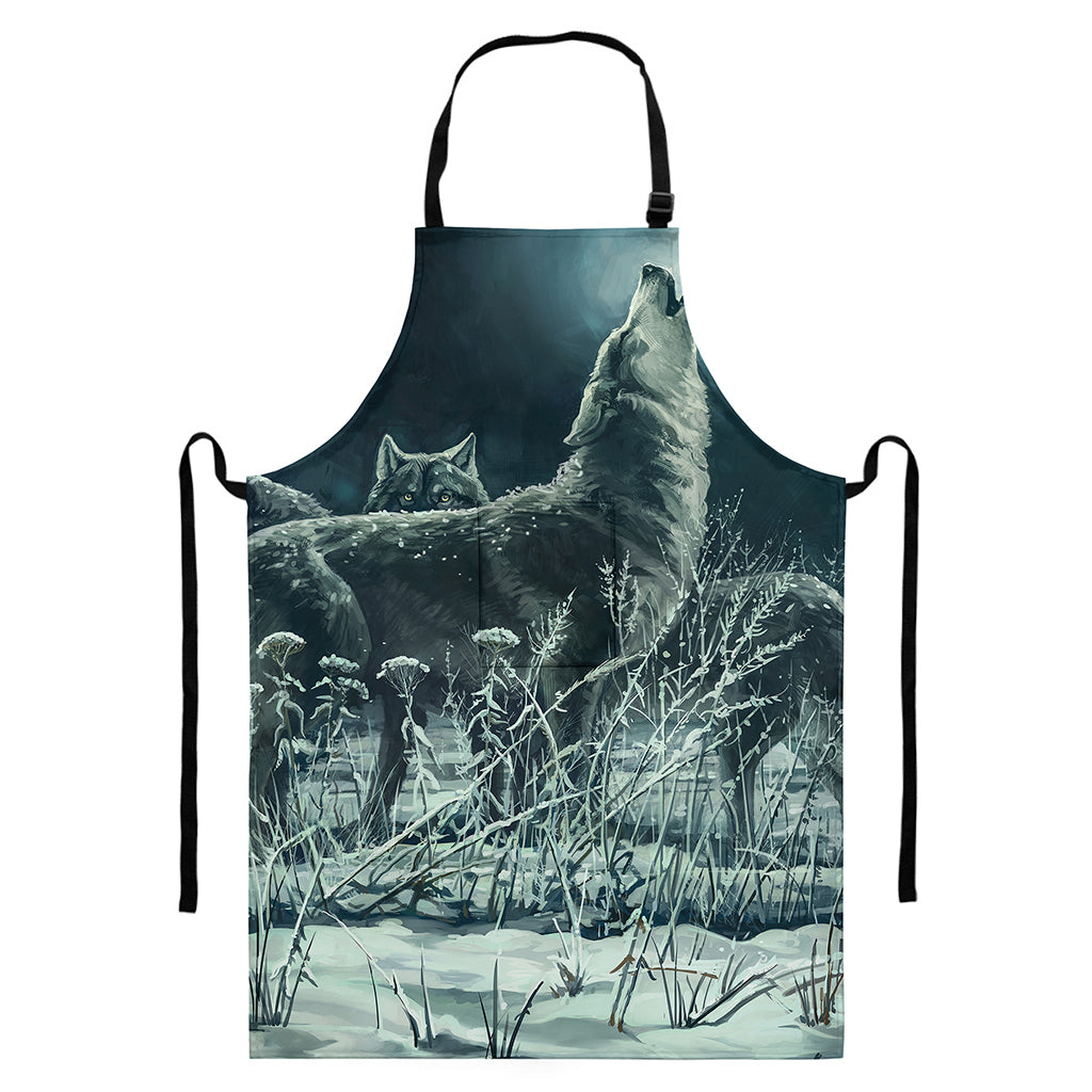 Howling Snowy Wolf Painting Print Bib Apron With Pocket