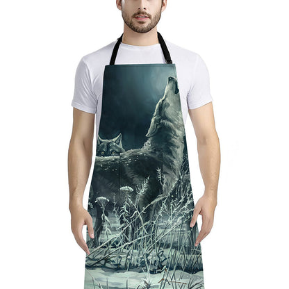 Howling Snowy Wolf Painting Print Bib Apron With Pocket