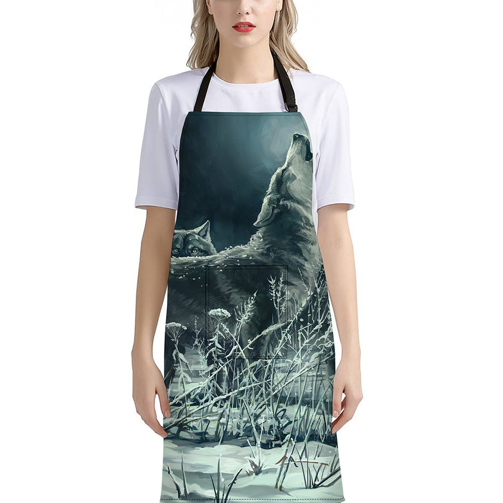 Howling Snowy Wolf Painting Print Bib Apron With Pocket