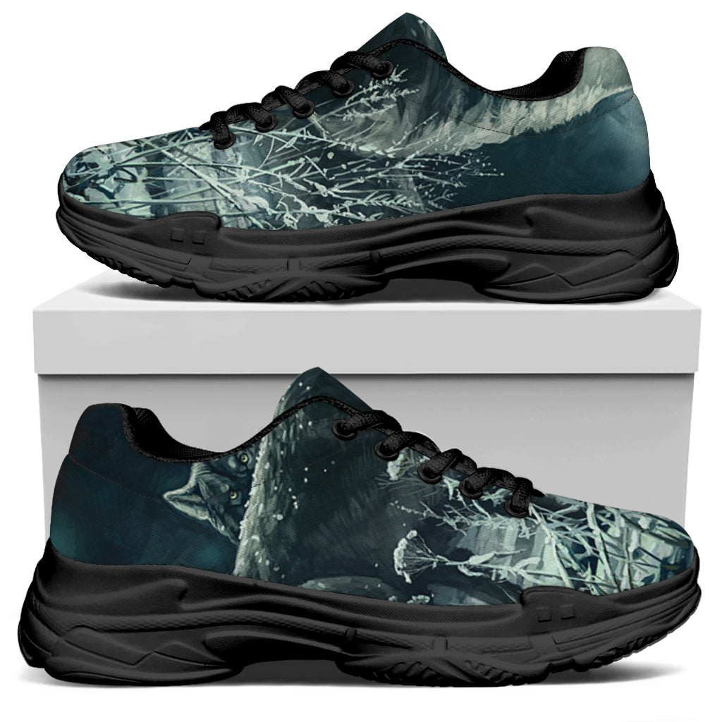 Howling Snowy Wolf Painting Print Black Chunky Shoes