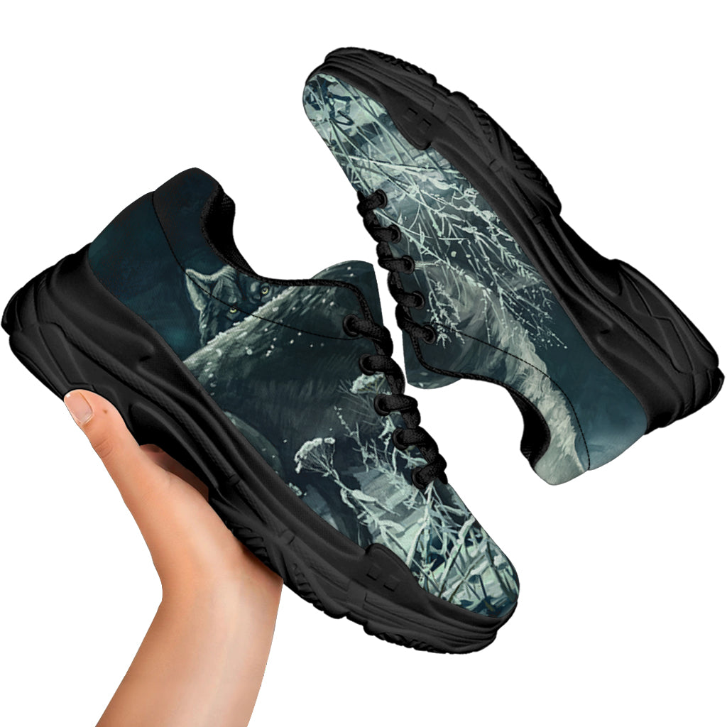 Howling Snowy Wolf Painting Print Black Chunky Shoes