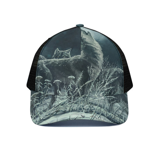 Howling Snowy Wolf Painting Print Black Mesh Trucker Cap