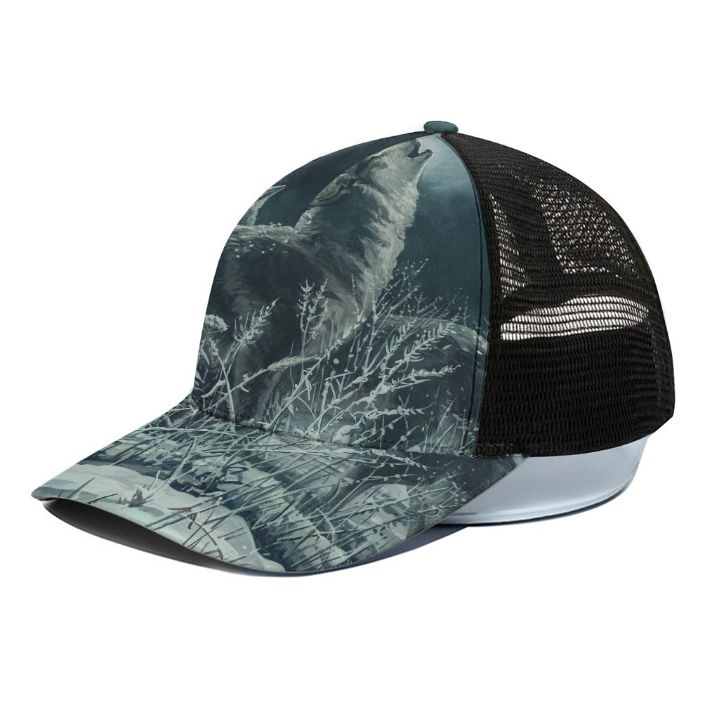 Howling Snowy Wolf Painting Print Black Mesh Trucker Cap
