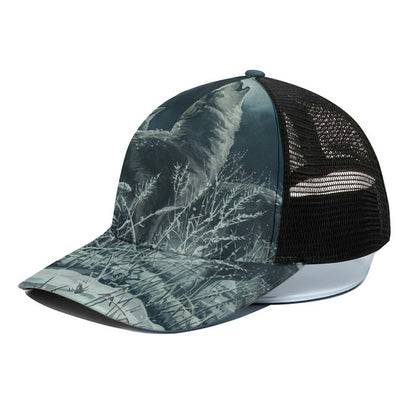 Howling Snowy Wolf Painting Print Black Mesh Trucker Cap