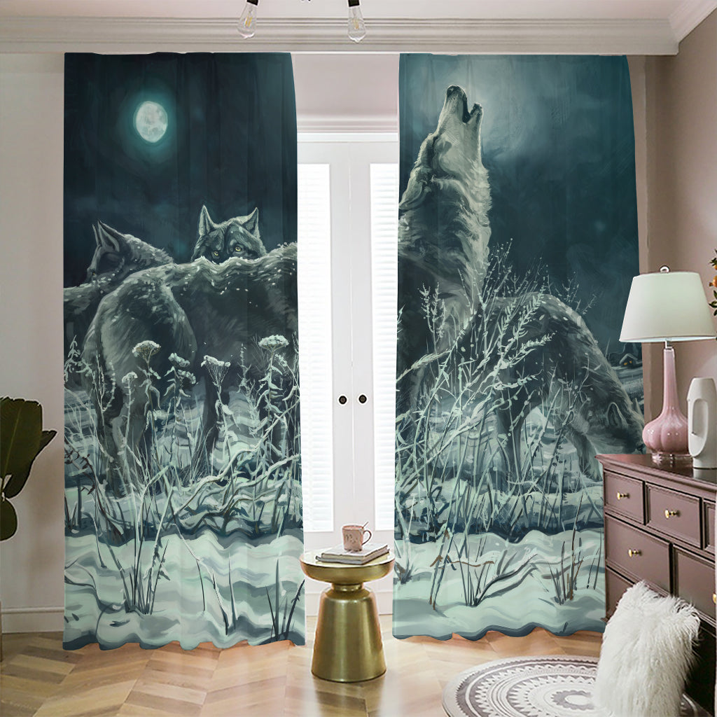 Howling Snowy Wolf Painting Print Blackout Pencil Pleat Curtains