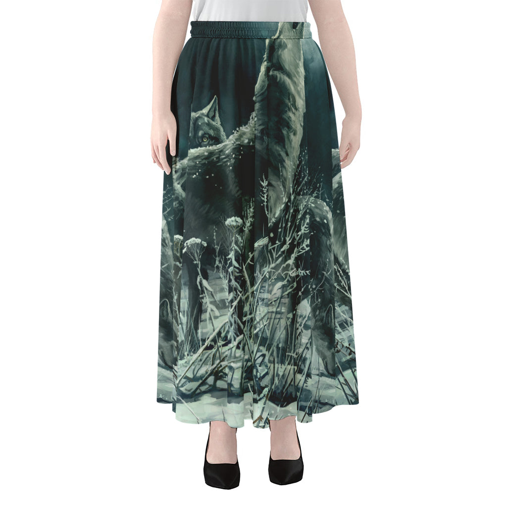 Howling Snowy Wolf Painting Print Chiffon Maxi Skirt