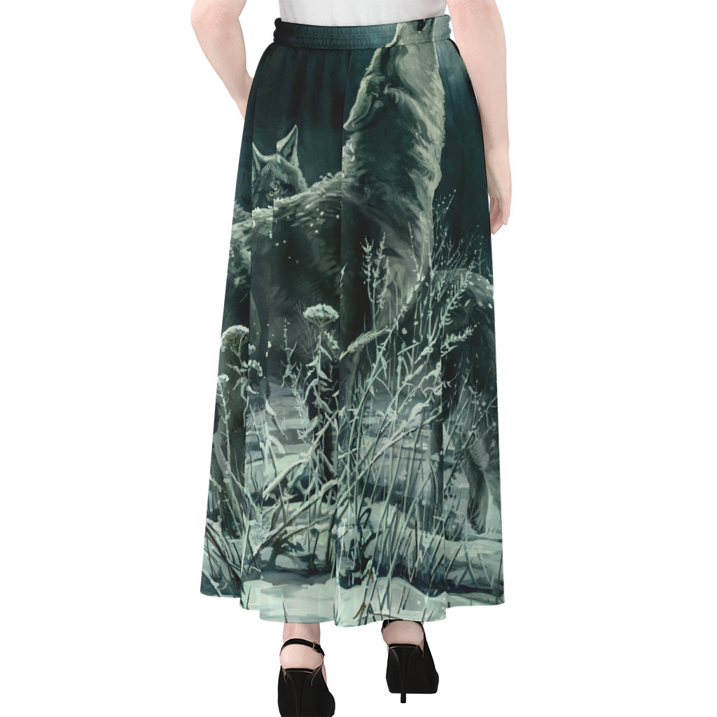 Howling Snowy Wolf Painting Print Chiffon Maxi Skirt