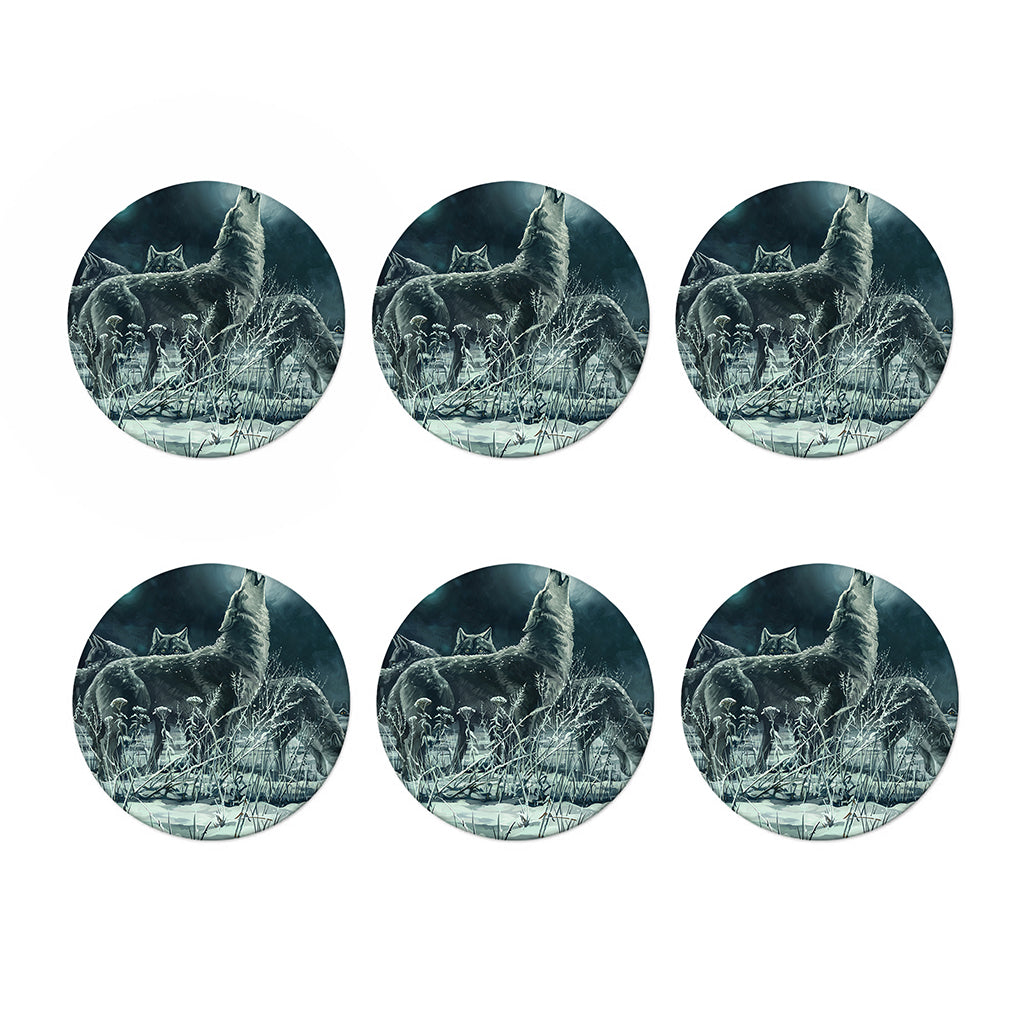 Howling Snowy Wolf Painting Print Coaster Set