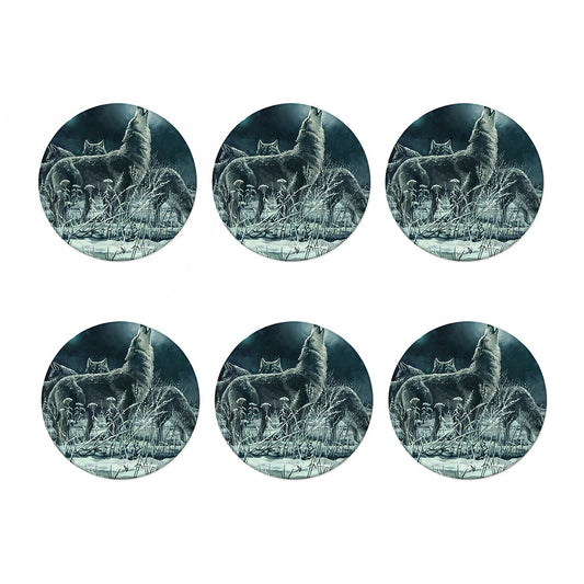 Howling Snowy Wolf Painting Print Coaster Set