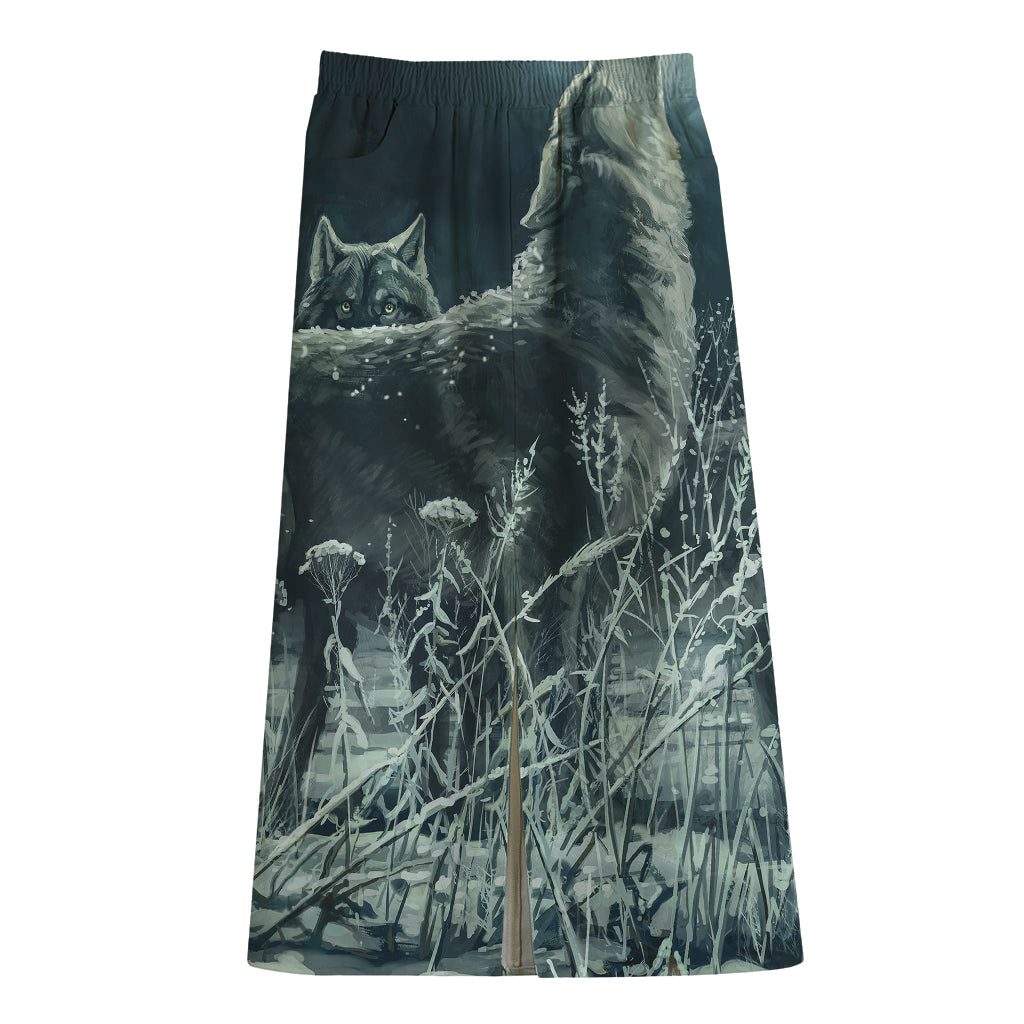 Howling Snowy Wolf Painting Print Cotton Front Slit Maxi Skirt