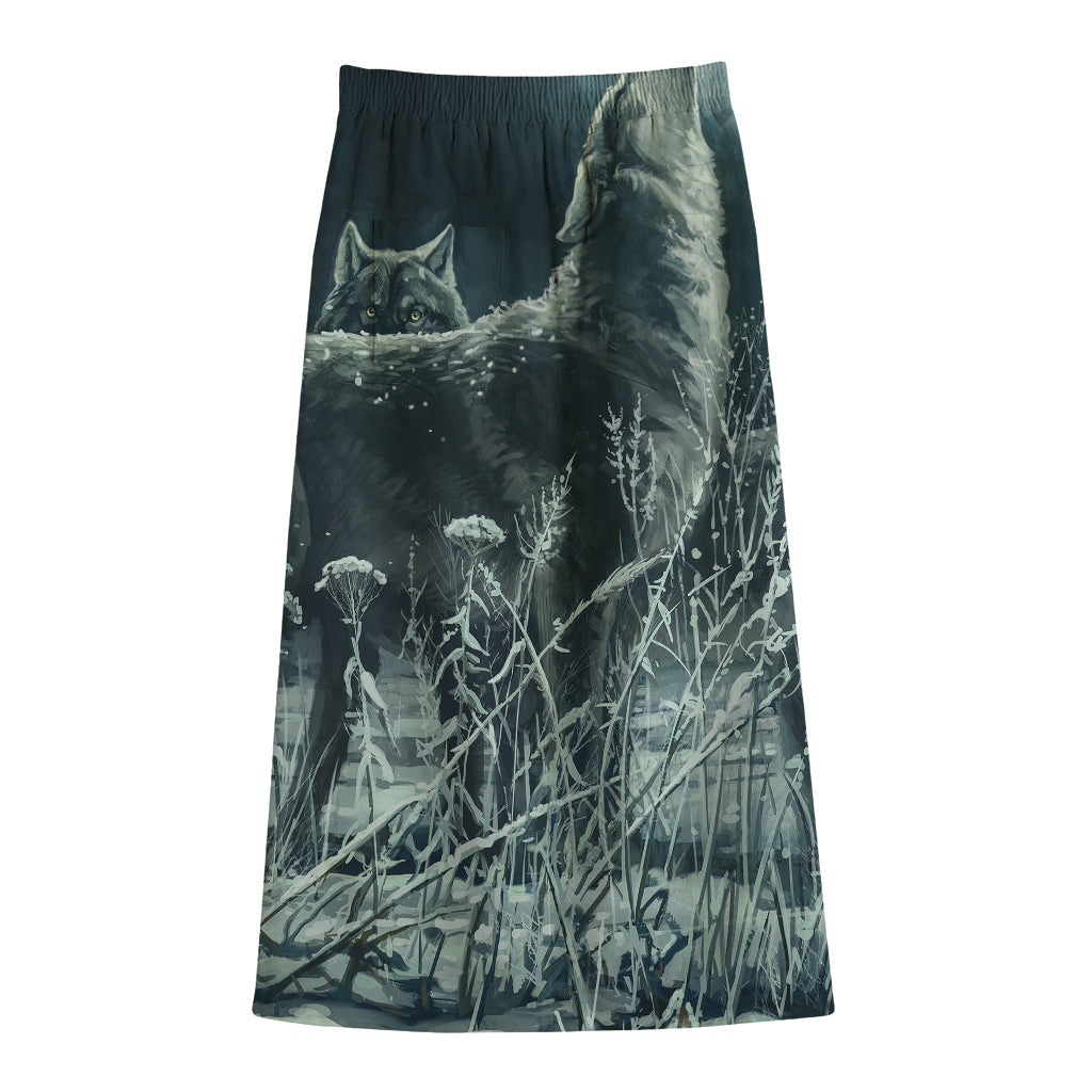 Howling Snowy Wolf Painting Print Cotton Front Slit Maxi Skirt