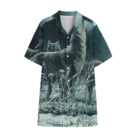 Howling Snowy Wolf Painting Print Cotton Hawaiian Shirt