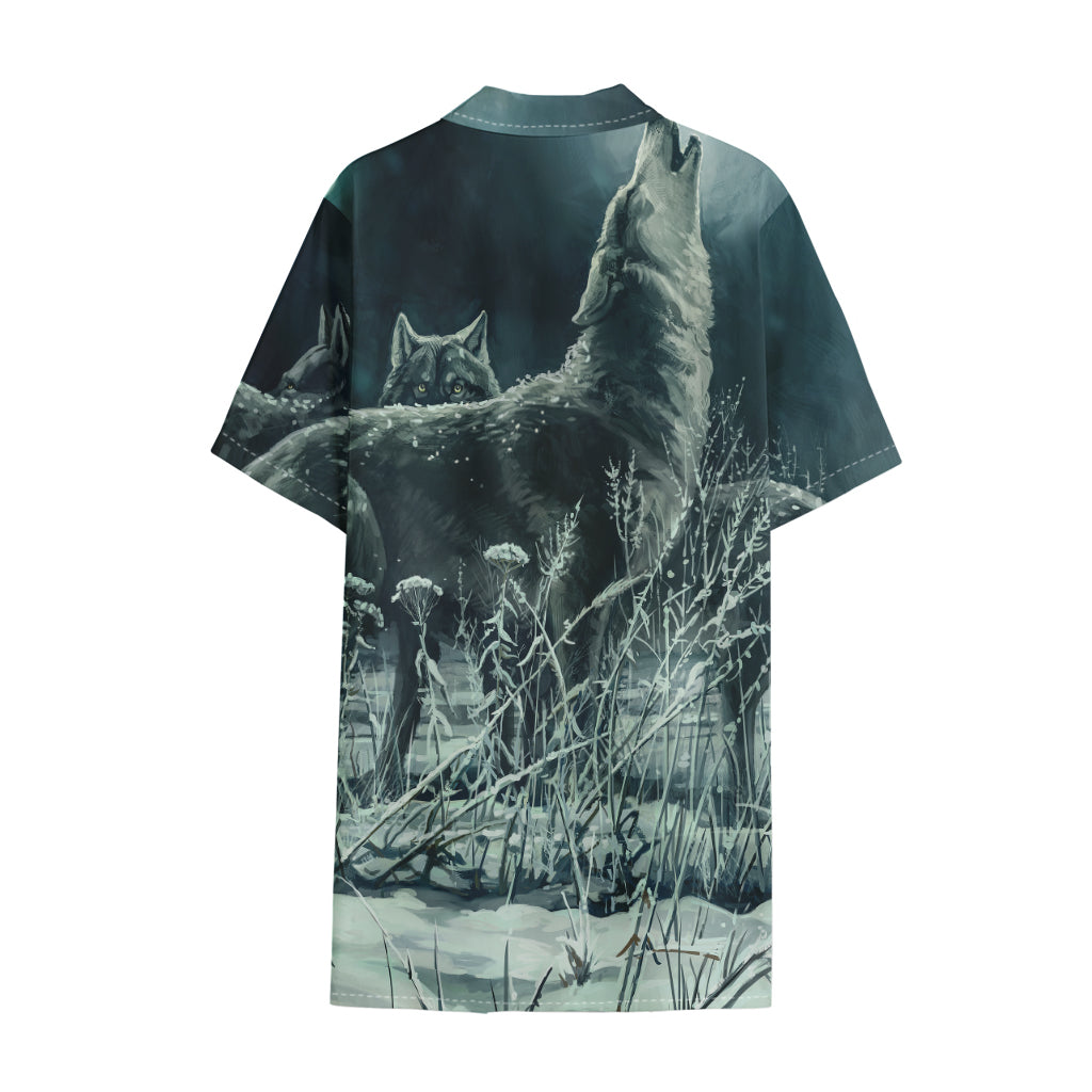 Howling Snowy Wolf Painting Print Cotton Hawaiian Shirt