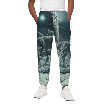 Howling Snowy Wolf Painting Print Cotton Pants