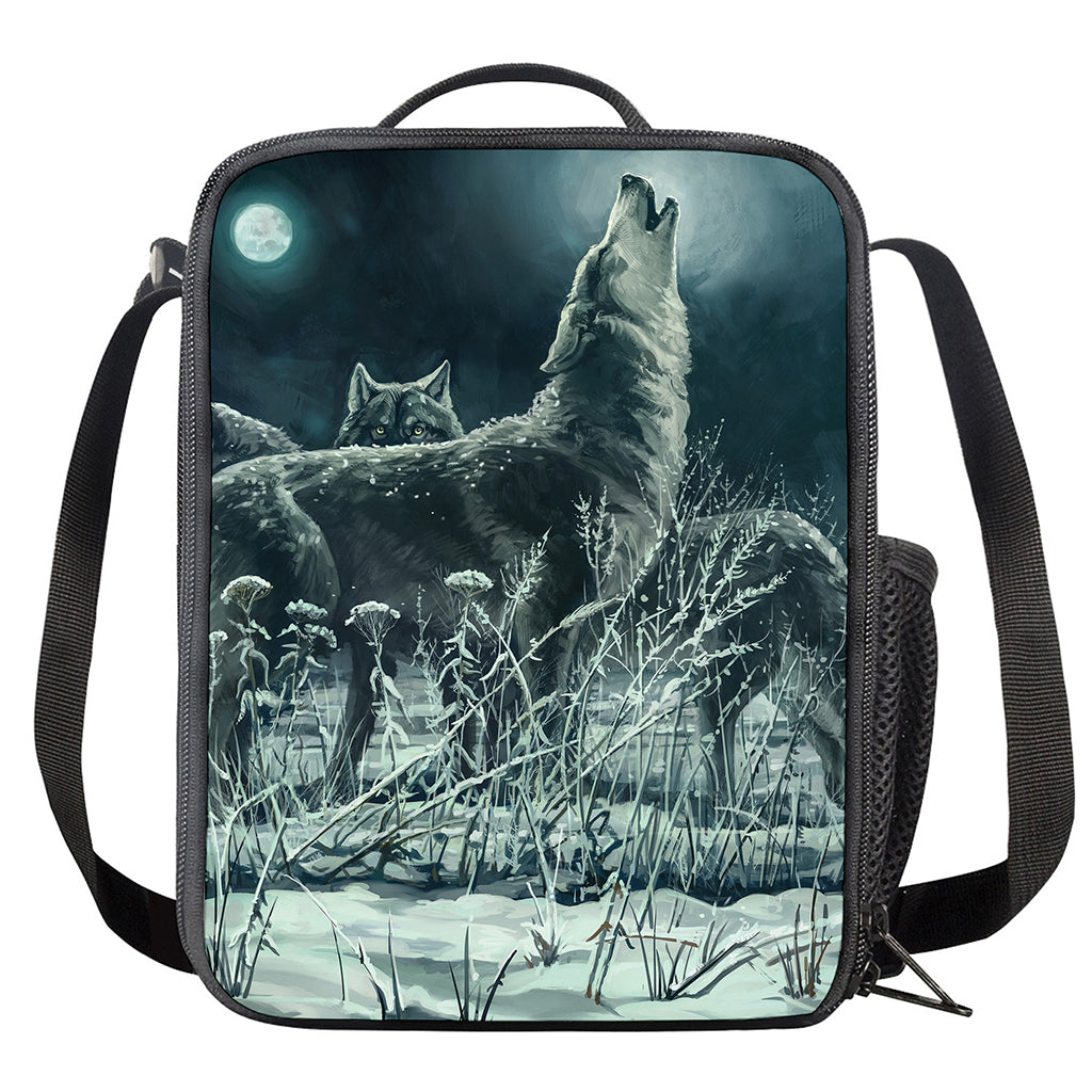 Howling Snowy Wolf Painting Print Crossbody Lunch Bag