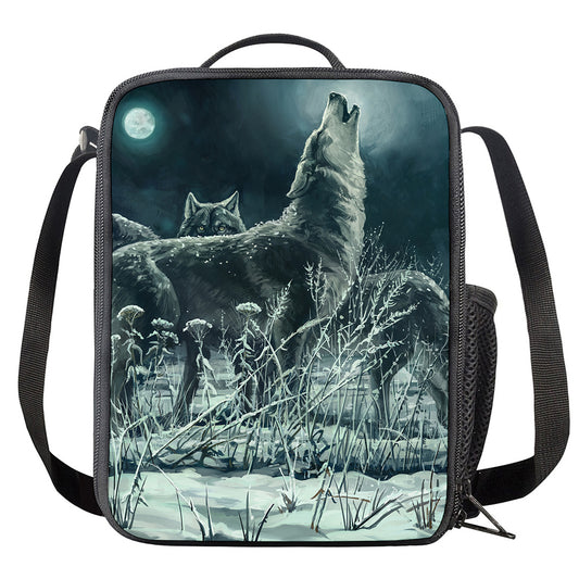 Howling Snowy Wolf Painting Print Crossbody Lunch Bag