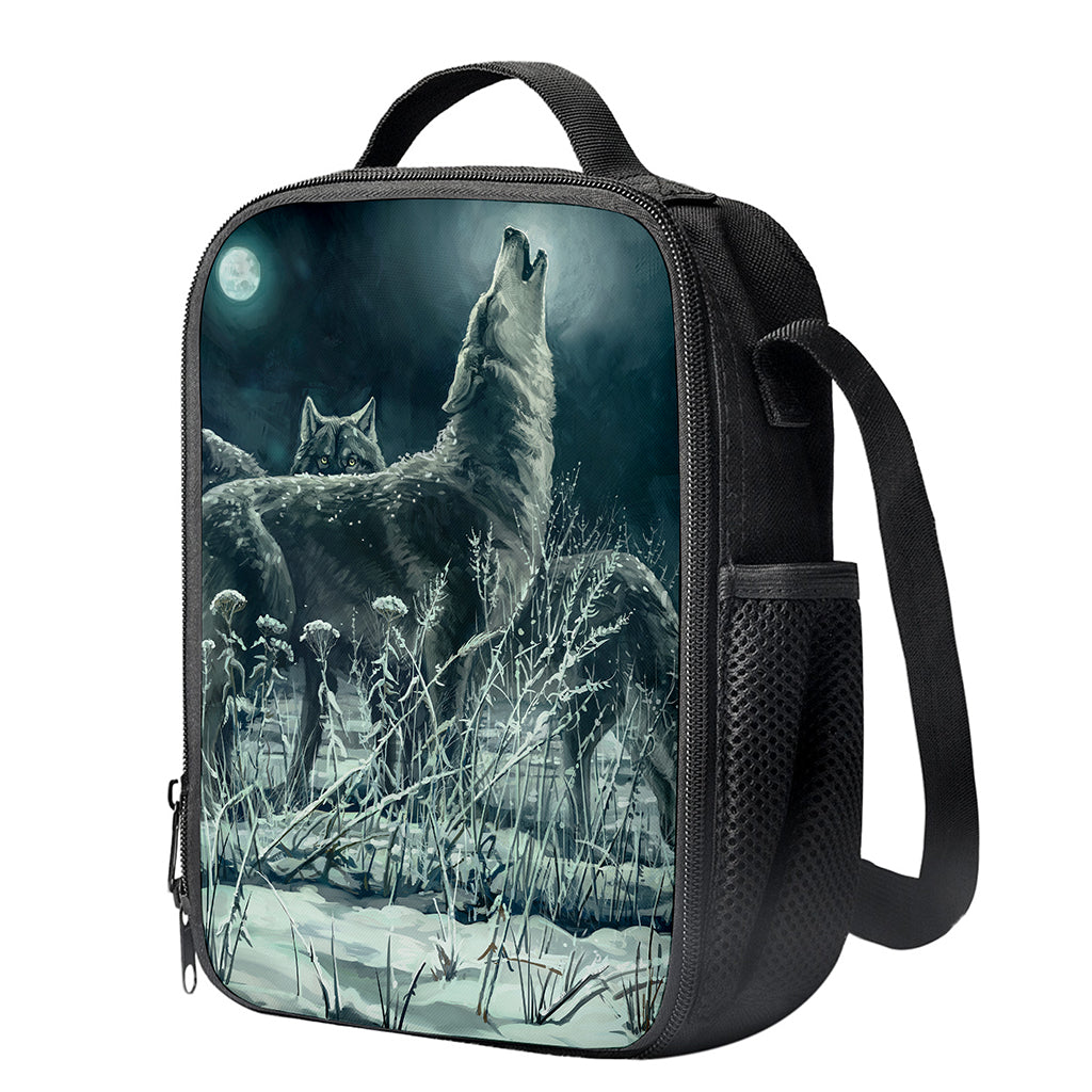 Howling Snowy Wolf Painting Print Crossbody Lunch Bag