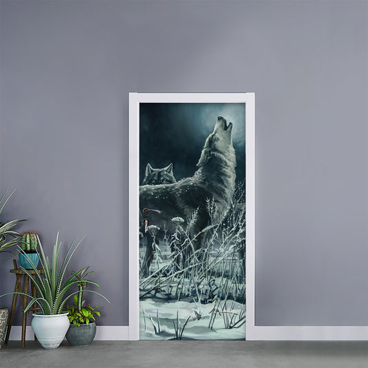 Howling Snowy Wolf Painting Print Door Sticker