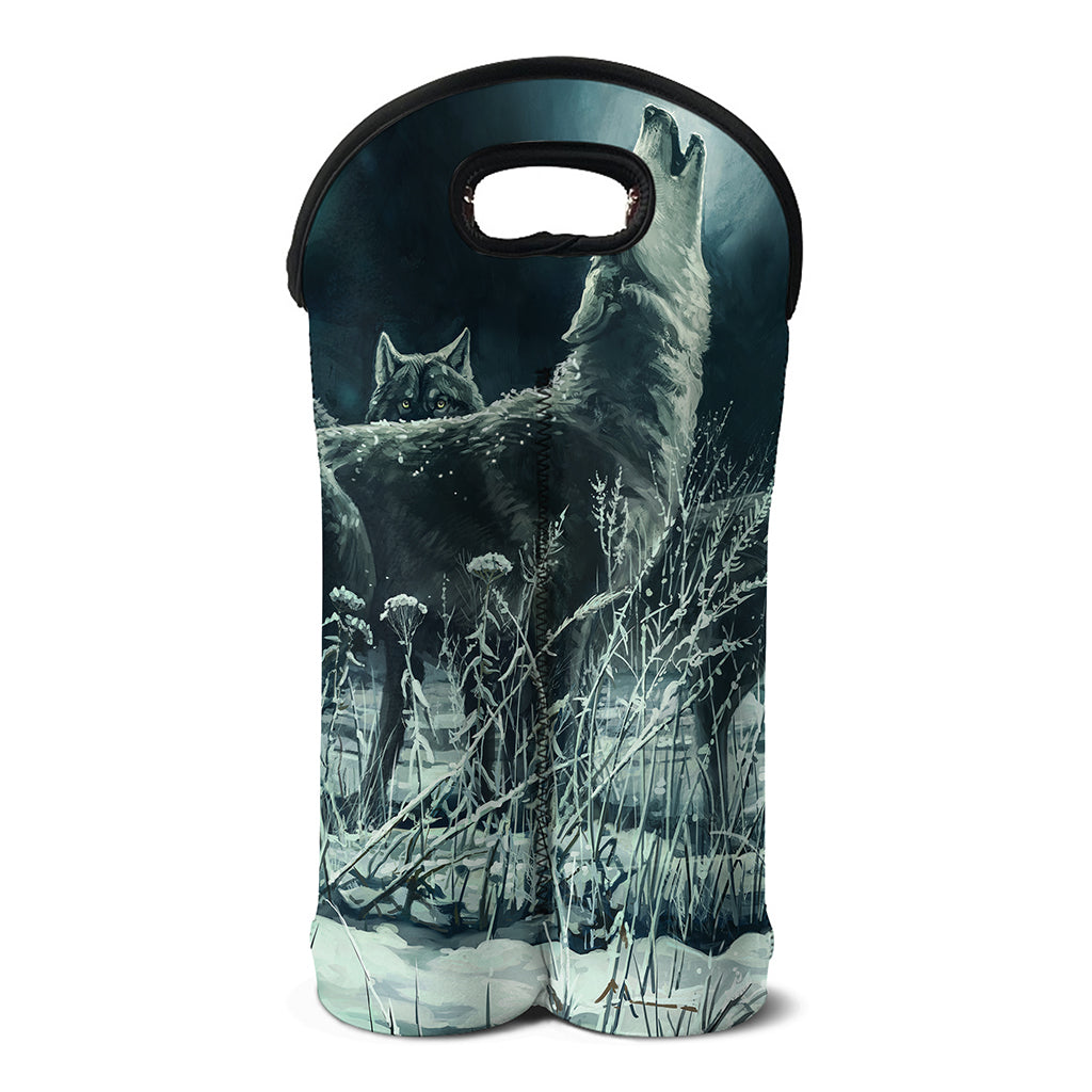 Howling Snowy Wolf Painting Print Double Neoprene Wine Tote