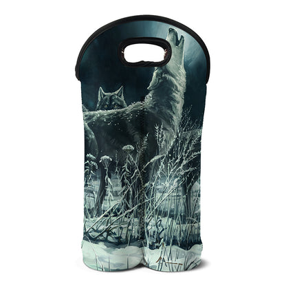 Howling Snowy Wolf Painting Print Double Neoprene Wine Tote