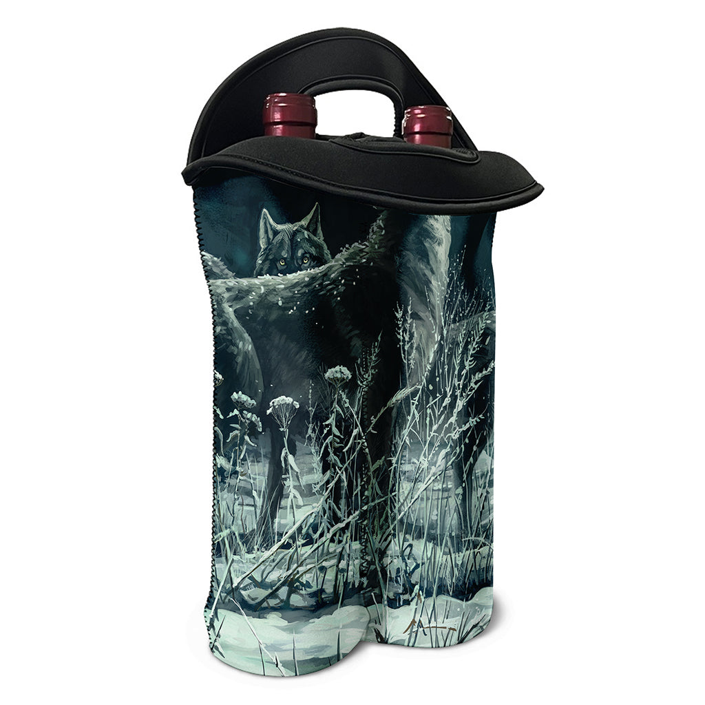 Howling Snowy Wolf Painting Print Double Neoprene Wine Tote