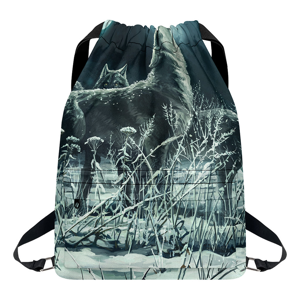 Howling Snowy Wolf Painting Print Drawstring Backpack