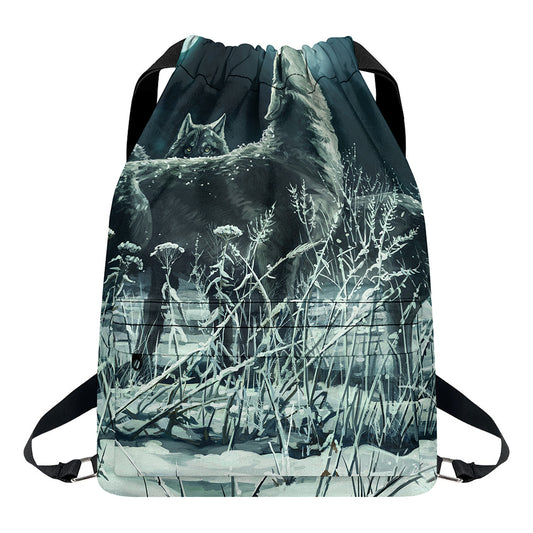Howling Snowy Wolf Painting Print Drawstring Backpack