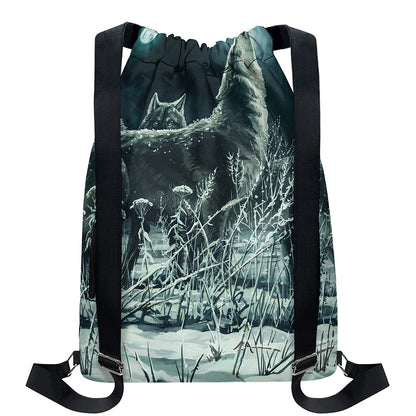 Howling Snowy Wolf Painting Print Drawstring Backpack