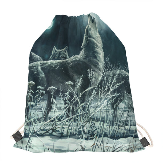 Howling Snowy Wolf Painting Print Drawstring Bag