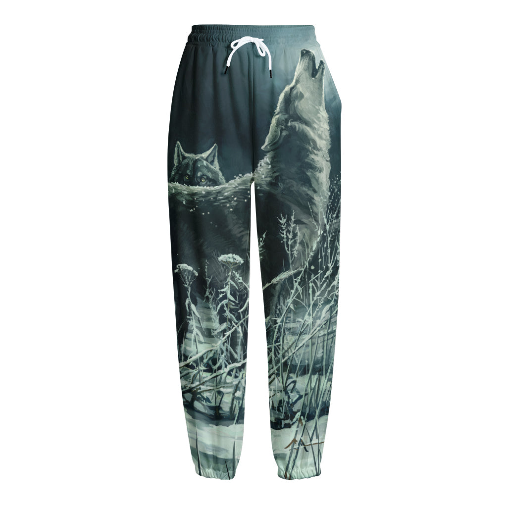Howling Snowy Wolf Painting Print Fleece Lined Knit Pants